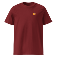 Bitcoin Halving organic cotton bitcoin t-shirt in Burgundy, front view: a small halved orange bitcoin symbol on the left chest.