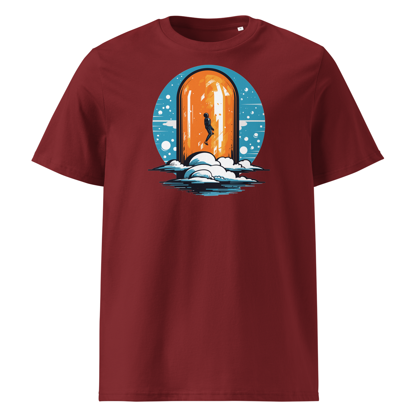 Orange Pill organic cotton bitcoin t-shirt in Burgundy, front view: a silhouette stepping through an orange pill shaped doorway above the clouds.