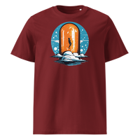 Orange Pill organic cotton bitcoin t-shirt in Burgundy, front view: a silhouette stepping through an orange pill shaped doorway above the clouds.