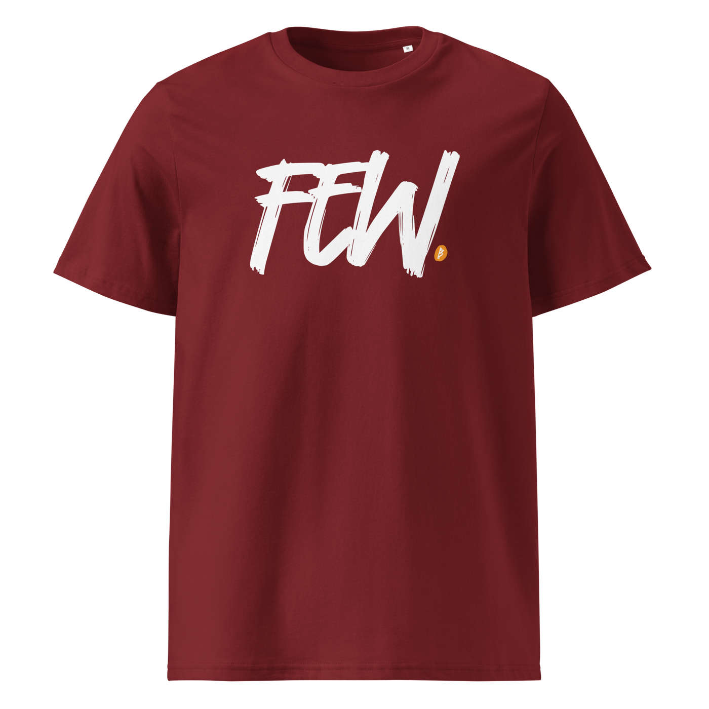 Few organic cotton bitcoin t-shirt in Burgundy, front view: FEW. in black brush lettering with an orange bitcoin dot.