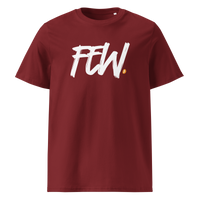 Few organic cotton bitcoin t-shirt in Burgundy, front view: FEW. in black brush lettering with an orange bitcoin dot.