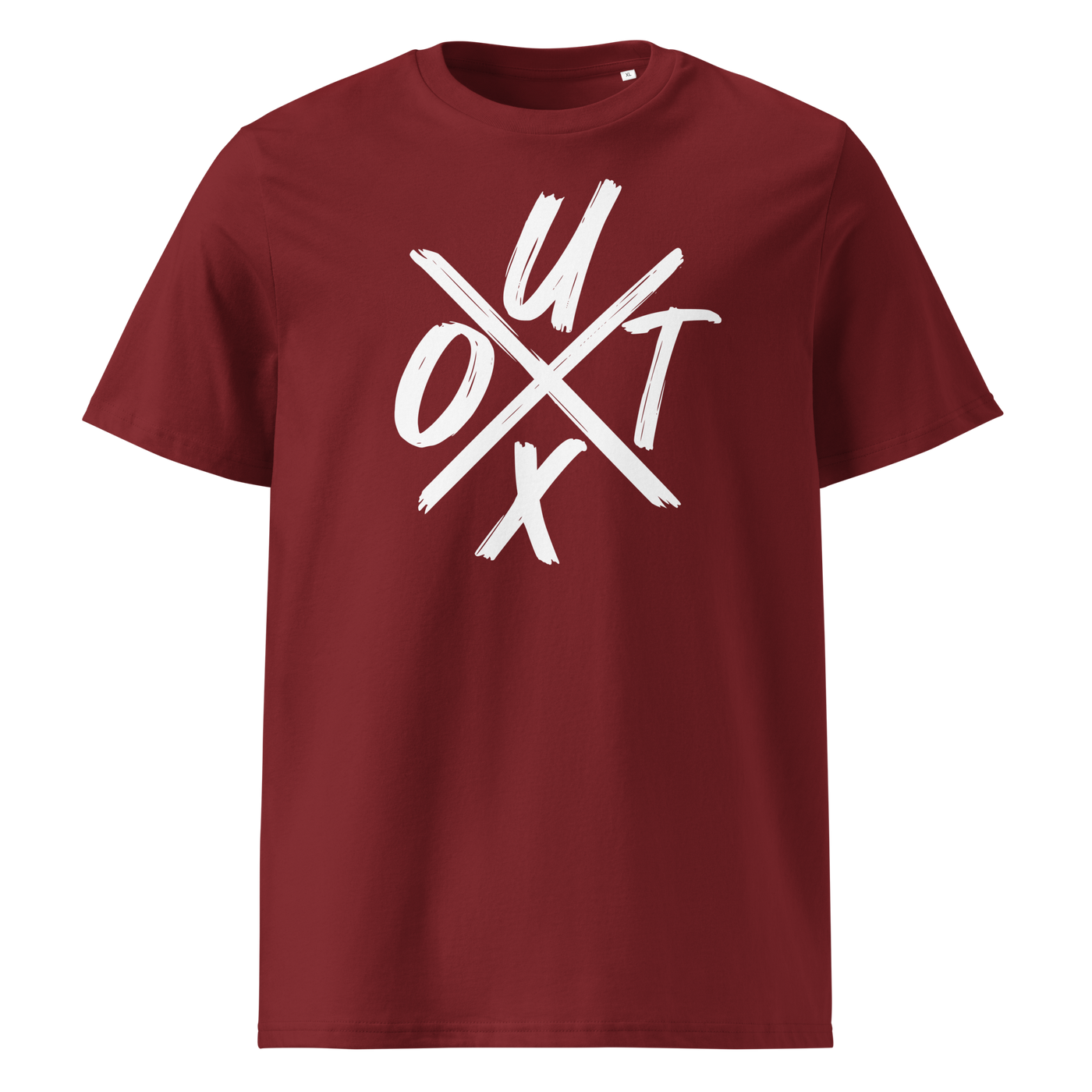 UTXO Management organic cotton bitcoin t-shirt in Burgundy, front view: the letters UTXO arranged around a brushed cross.