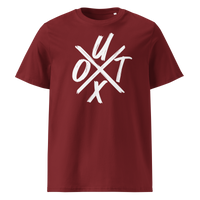 UTXO Management organic cotton bitcoin t-shirt in Burgundy, front view: the letters UTXO arranged around a brushed cross.