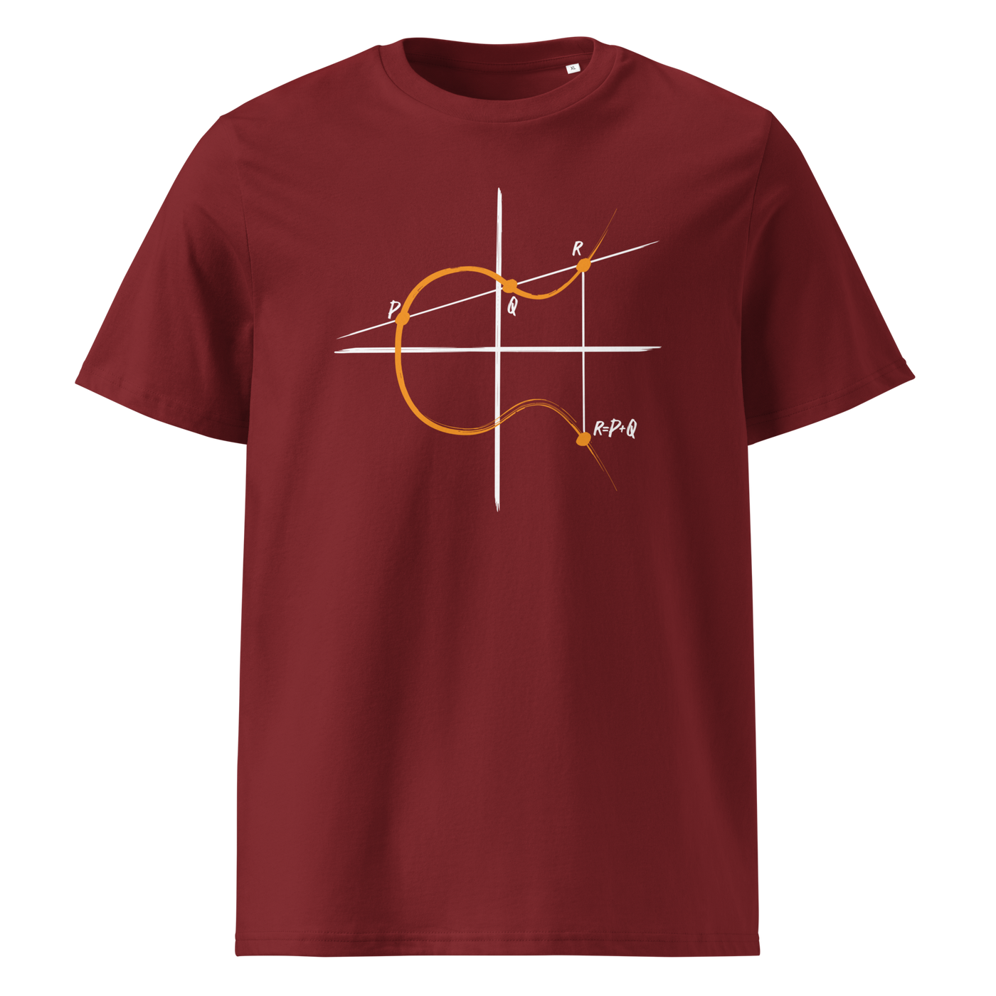 Elliptic Curve Cryptography organic cotton bitcoin t-shirt in Burgundy, front view: a line drawing of an elliptic curve with the points P, Q and R.