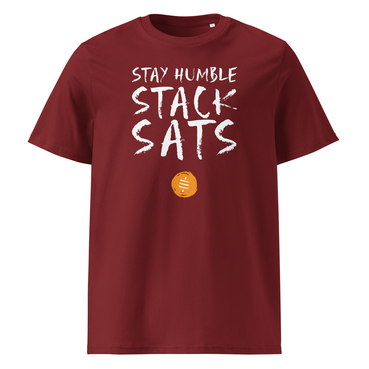 Stay Humble Stack Sats organic cotton bitcoin t-shirt in Burgundy, front view: Stay Humble Stack Sats in black lettering above an orange sats coin.
