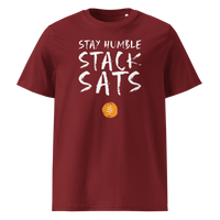 Stay Humble Stack Sats organic cotton bitcoin t-shirt in Burgundy, front view: Stay Humble Stack Sats in black lettering above an orange sats coin.