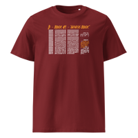 Genesis Block organic cotton bitcoin t-shirt in Burgundy, front view: the raw data of Bitcoin's genesis block in grey and orange.