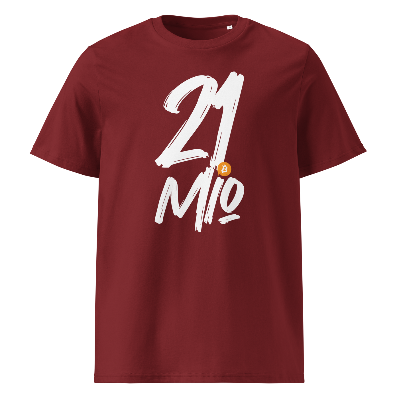 21 Million organic cotton bitcoin t-shirt in Burgundy, front view: 21 Mio. in black brush lettering with an orange bitcoin coin.