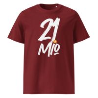 21 Million organic cotton bitcoin t-shirt in Burgundy, front view: 21 Mio. in black brush lettering with an orange bitcoin coin.