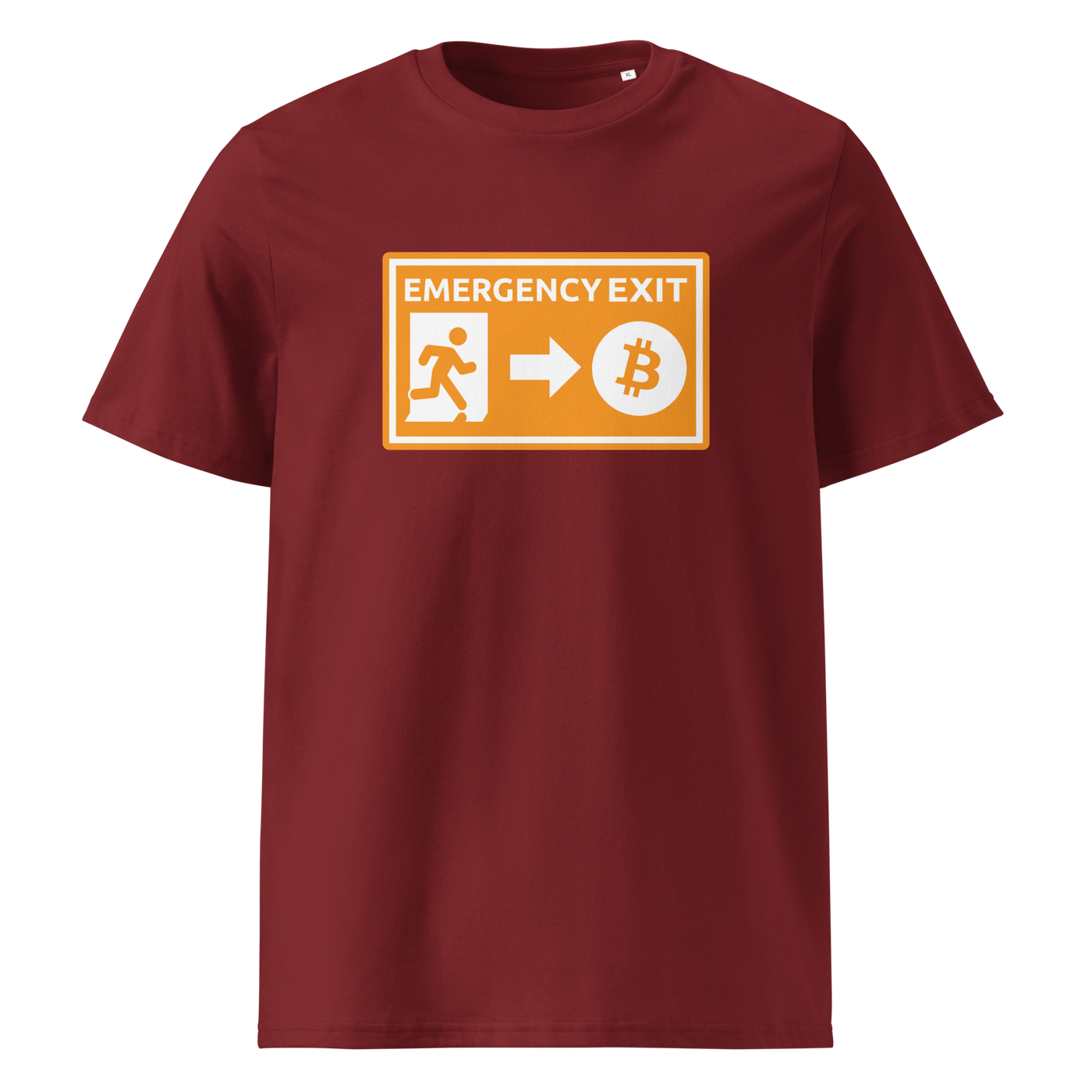 Emergency Exit organic cotton bitcoin t-shirt in Burgundy, front view: an orange emergency exit sign where the running figure heads towards a bitcoin symbol.