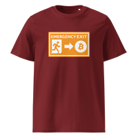 Emergency Exit organic cotton bitcoin t-shirt in Burgundy, front view: an orange emergency exit sign where the running figure heads towards a bitcoin symbol.