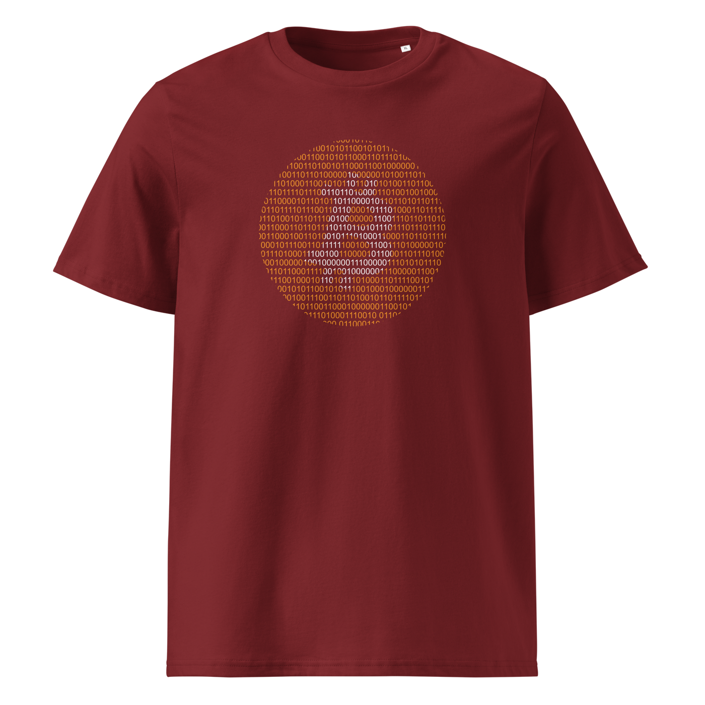 Bitcoin Binary organic cotton bitcoin t-shirt in Burgundy, front view: an orange bitcoin symbol built from binary digits.