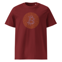 Bitcoin Binary organic cotton bitcoin t-shirt in Burgundy, front view: an orange bitcoin symbol built from binary digits.