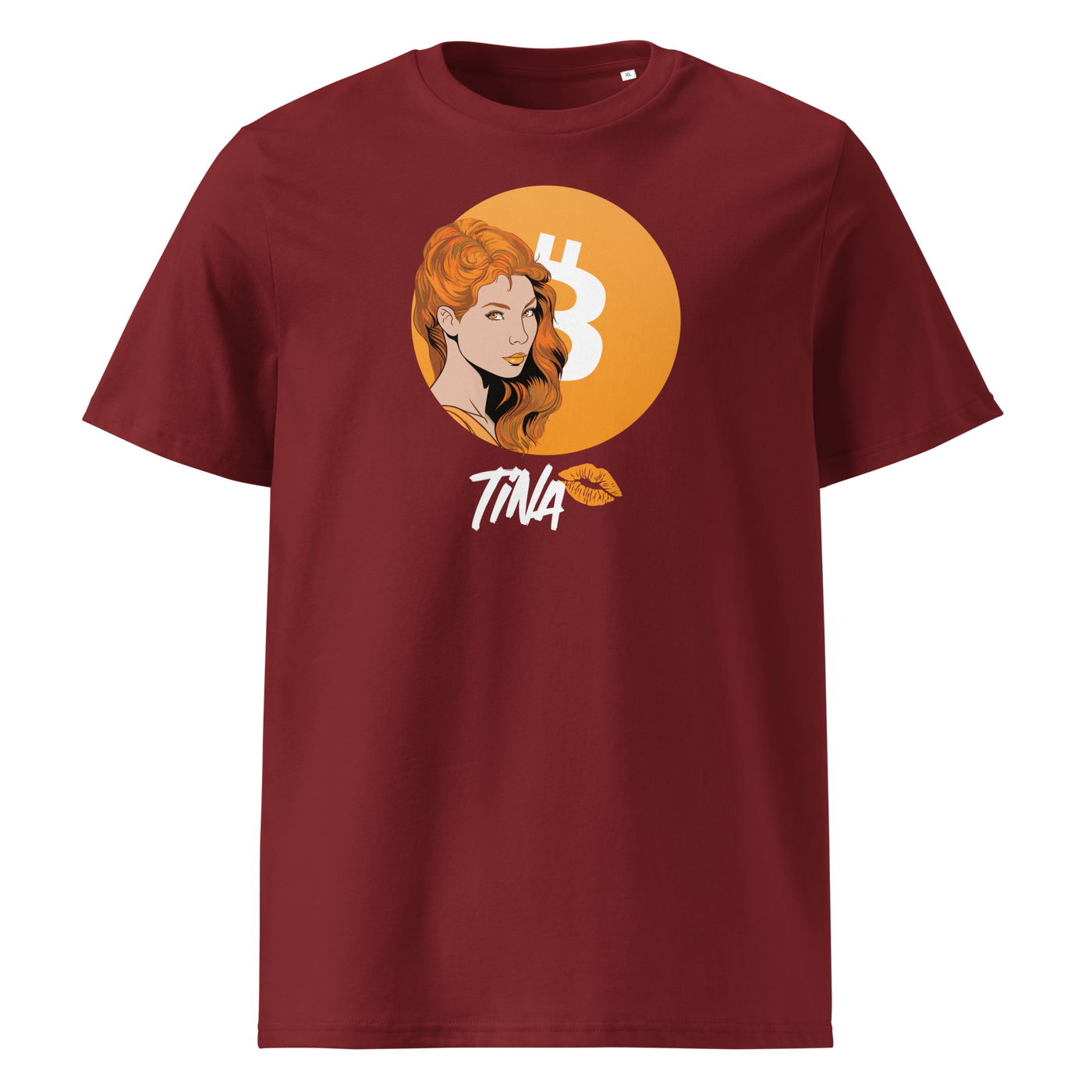 TINA organic cotton bitcoin t-shirt in Burgundy, front view: an illustrated red haired woman in front of an orange bitcoin circle, signed TINA.