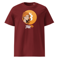 TINA organic cotton bitcoin t-shirt in Burgundy, front view: an illustrated red haired woman in front of an orange bitcoin circle, signed TINA.