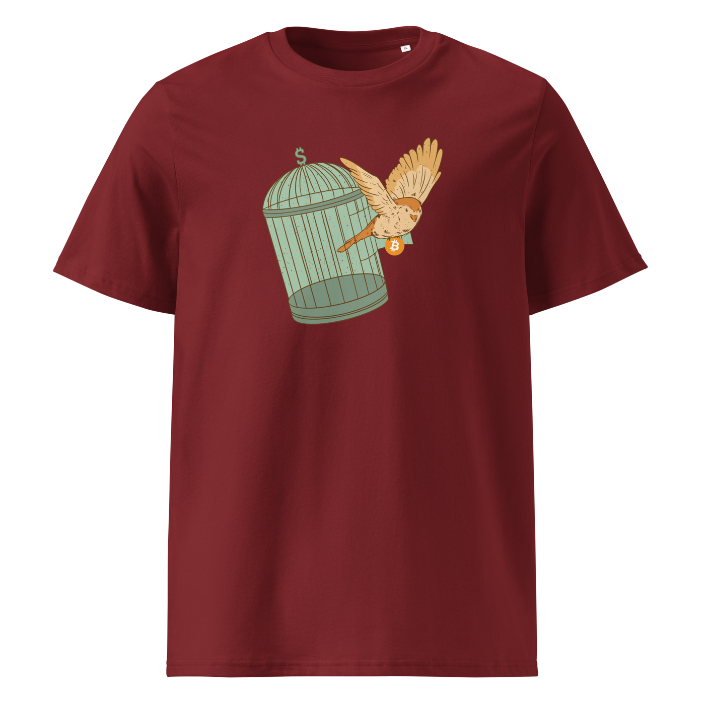 Escape from Fiat Madness organic cotton bitcoin t-shirt in Burgundy, front view: an orange bird escaping from an open green birdcage.