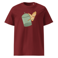 Escape from Fiat Madness organic cotton bitcoin t-shirt in Burgundy, front view: an orange bird escaping from an open green birdcage.