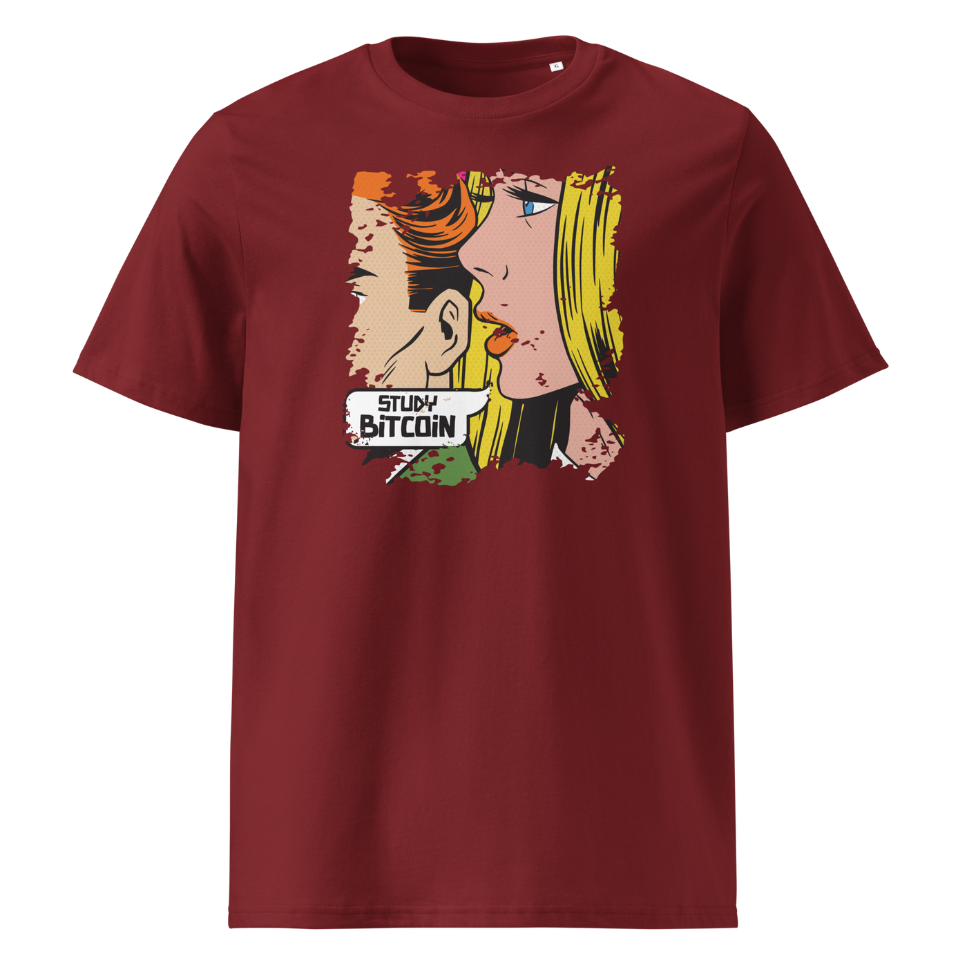 Study Bitcoin organic cotton bitcoin t-shirt in Burgundy, front view: a pop art comic scene of a couple whispering, captioned Study Bitcoin.