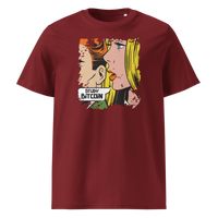 Study Bitcoin organic cotton bitcoin t-shirt in Burgundy, front view: a pop art comic scene of a couple whispering, captioned Study Bitcoin.