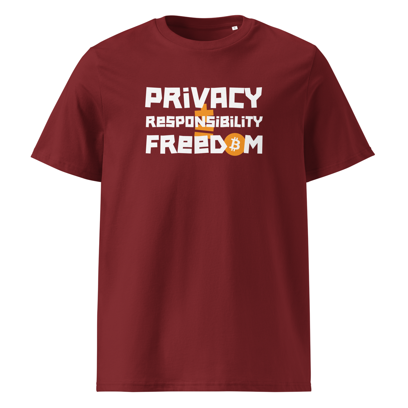 Privacy Responsibility Freedom organic cotton bitcoin t-shirt in Burgundy, front view: Privacy Responsibility Freedom in white stencil letters, the O of Freedom an orange bitcoin coin.