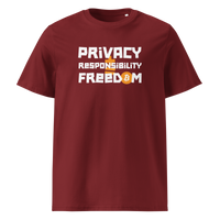 Privacy Responsibility Freedom organic cotton bitcoin t-shirt in Burgundy, front view: Privacy Responsibility Freedom in white stencil letters, the O of Freedom an orange bitcoin coin.