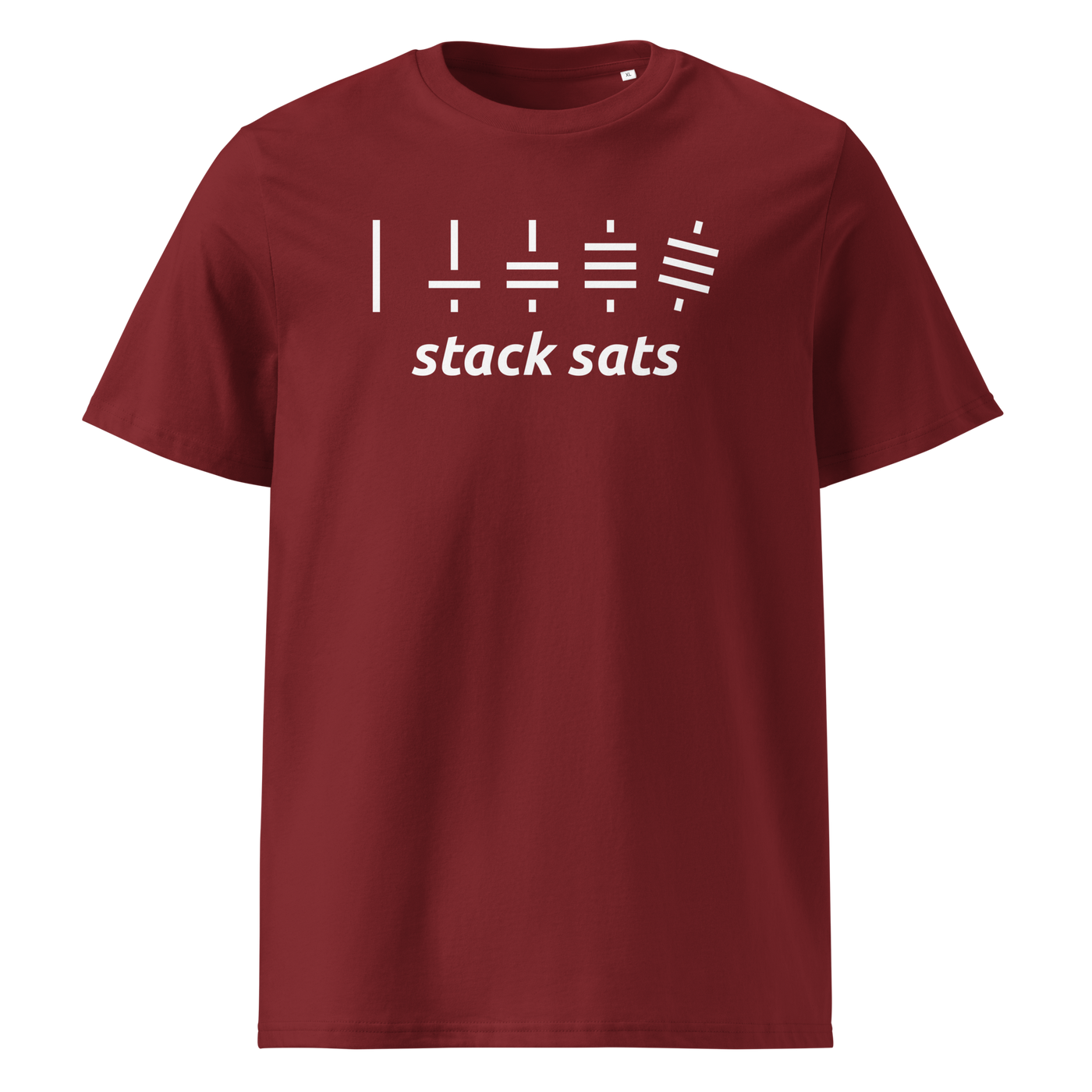 Stack Sats organic cotton bitcoin t-shirt in Burgundy, front view: five rising stacks of lines above the words stack sats.