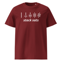 Stack Sats organic cotton bitcoin t-shirt in Burgundy, front view: five rising stacks of lines above the words stack sats.