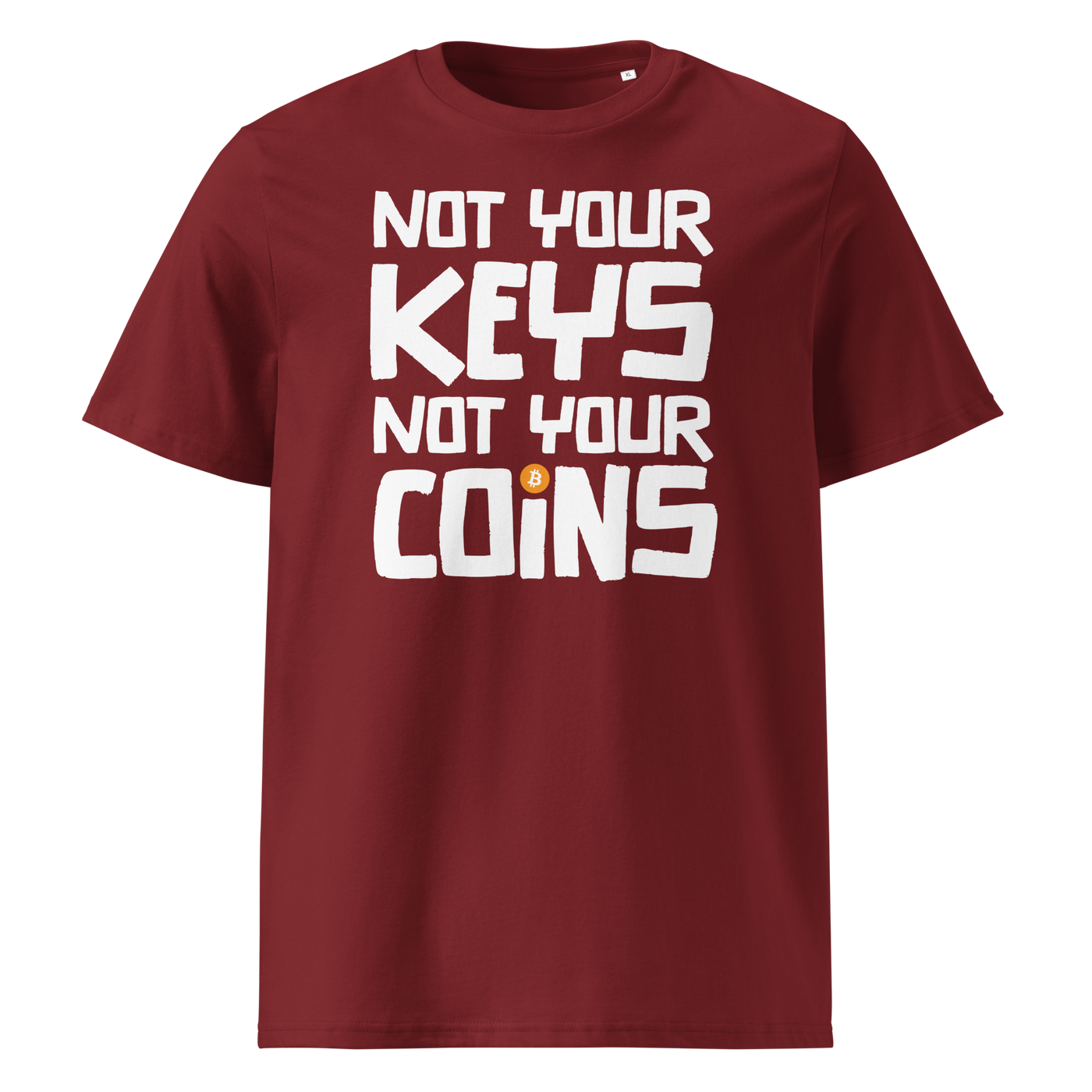 Not your Keys not your Coins organic cotton bitcoin t-shirt in Burgundy, front view: Not your Keys not your Coins in bold black letters with an orange bitcoin dot.