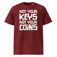 Not your Keys not your Coins organic cotton bitcoin t-shirt in Burgundy, front view: Not your Keys not your Coins in bold black letters with an orange bitcoin dot.