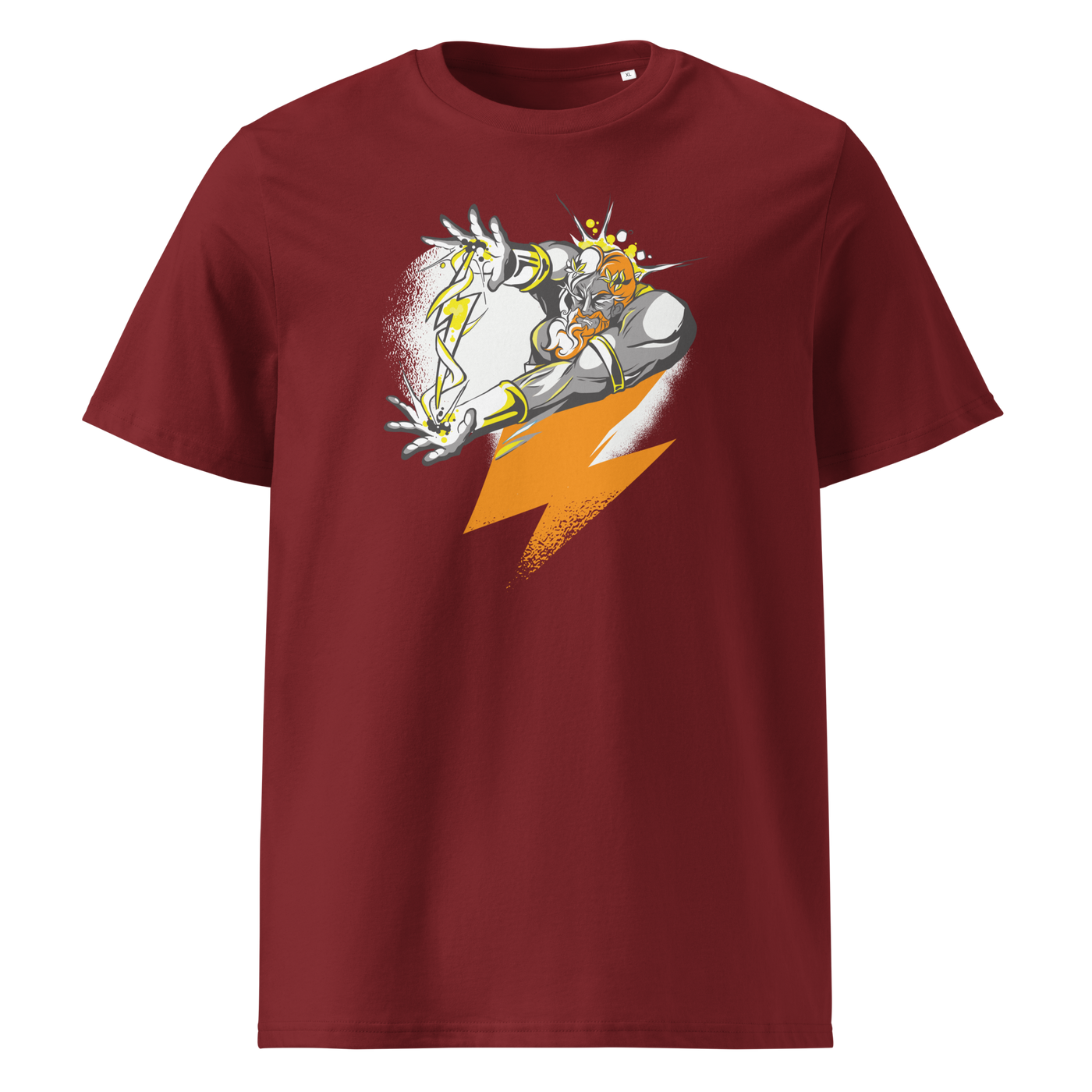 Bitcoin Support Zeus organic cotton bitcoin t-shirt in Burgundy, front view: Zeus hurling an orange lightning bolt from a cloud.