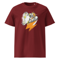 Bitcoin Support Zeus organic cotton bitcoin t-shirt in Burgundy, front view: Zeus hurling an orange lightning bolt from a cloud.