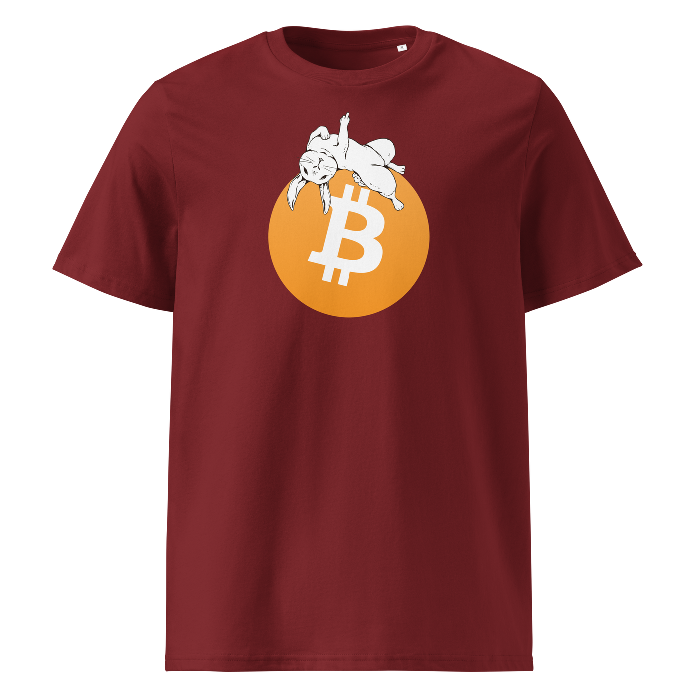 White Rabbit Bitcoin - F*** Fiat Money organic cotton bitcoin t-shirt in Burgundy, front view: a white rabbit leaping over a large orange bitcoin coin.