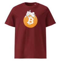 White Rabbit Bitcoin - F*** Fiat Money organic cotton bitcoin t-shirt in Burgundy, front view: a white rabbit leaping over a large orange bitcoin coin.