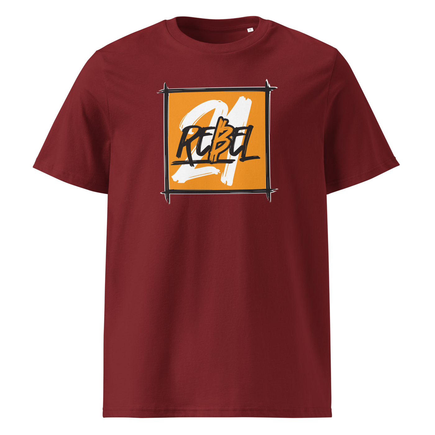 21 Rebel organic cotton bitcoin t-shirt in Burgundy, front view: a brushed orange square with 21 REBEL in white and black lettering.