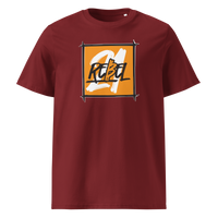 21 Rebel organic cotton bitcoin t-shirt in Burgundy, front view: a brushed orange square with 21 REBEL in white and black lettering.