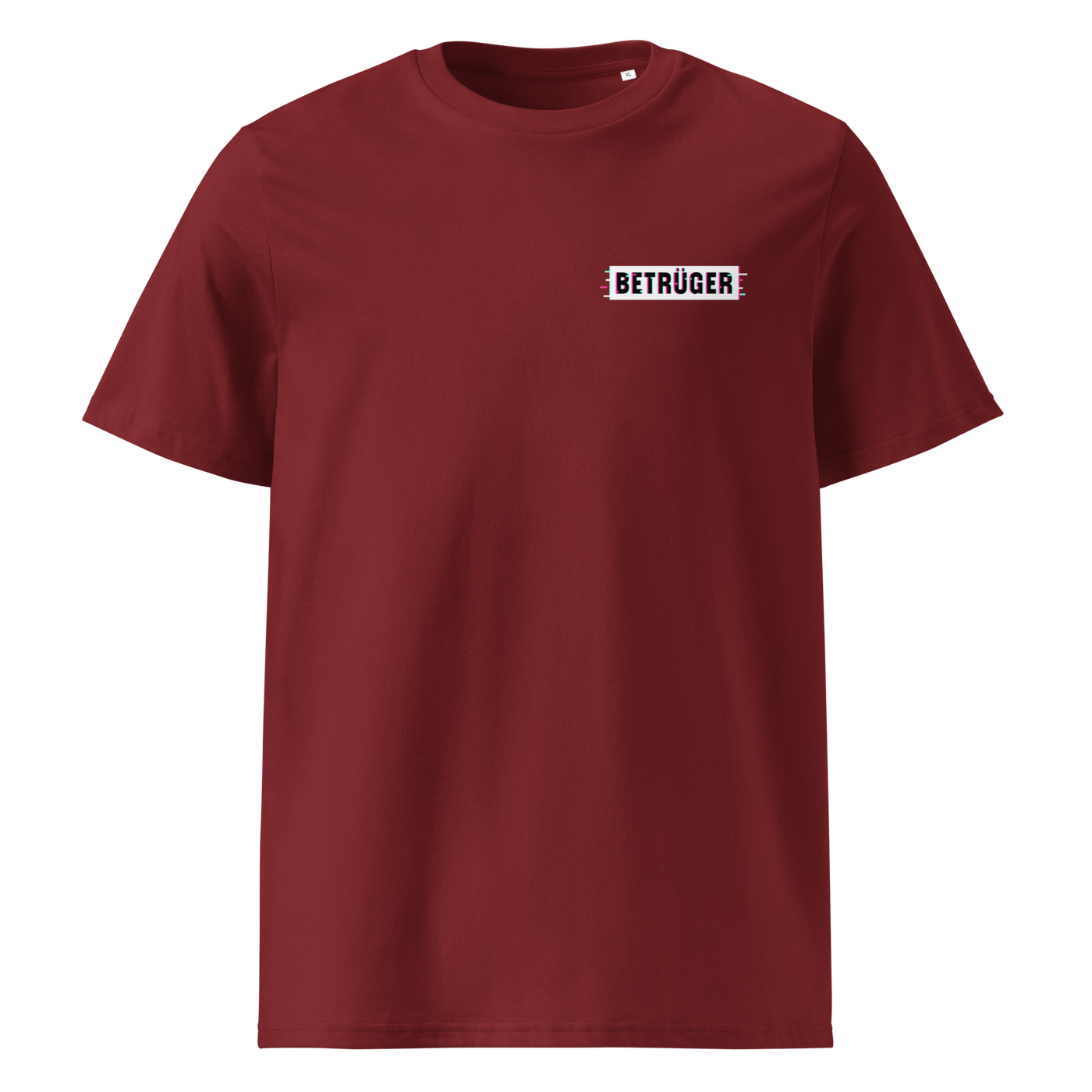 Betrüger anarcho late night organic cotton t-shirt in Burgundy, front view: a small black box logo reading Betrueger on the left chest.