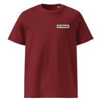 Betrüger anarcho late night organic cotton t-shirt in Burgundy, front view: a small black box logo reading Betrueger on the left chest.