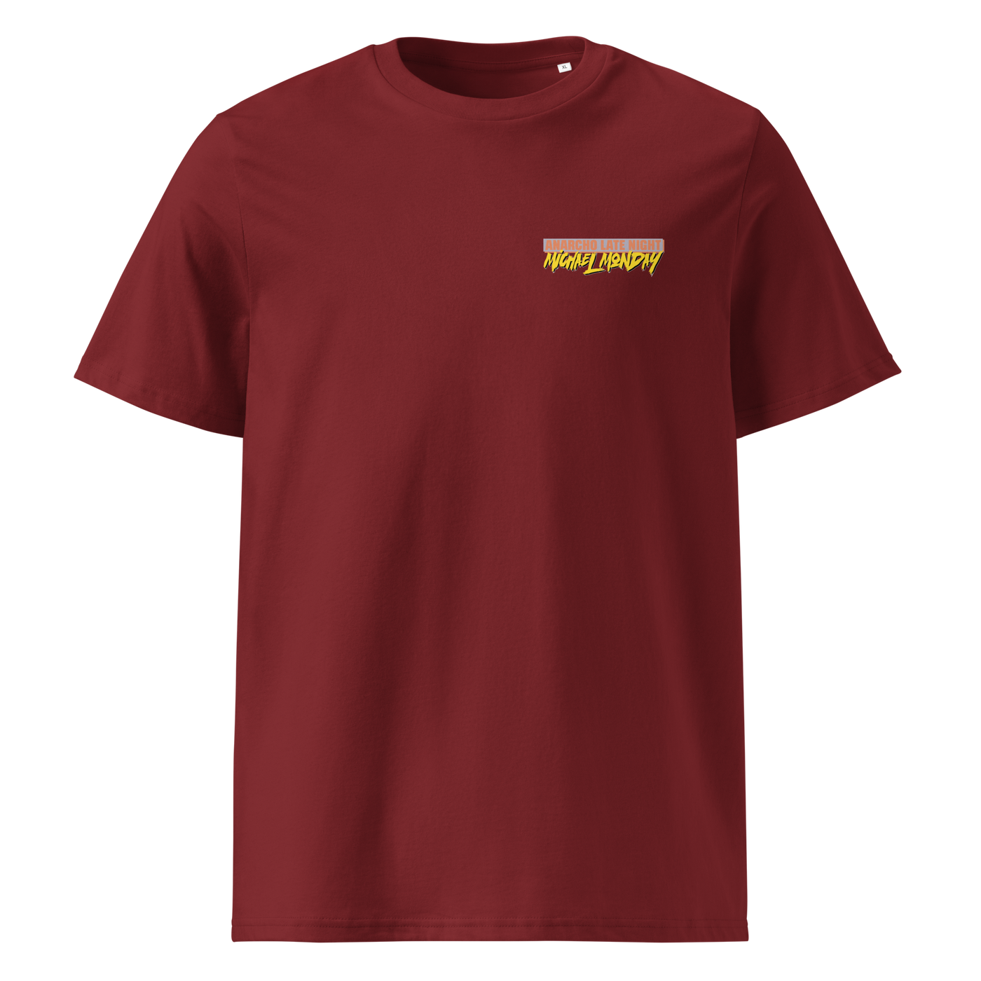 Michael Monday anarcho late night organic cotton t-shirt in Burgundy, front view: small Michael Monday brush lettering on the left chest.