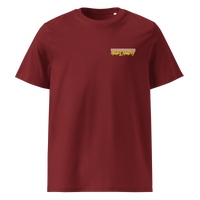 Michael Monday anarcho late night organic cotton t-shirt in Burgundy, front view: small Michael Monday brush lettering on the left chest.
