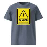 Lightning - Danger! Fast Transactions organic cotton bitcoin t-shirt in Dark Heather Blue, front view: a yellow warning sign with a lightning bolt reading Danger! Fast Transactions.