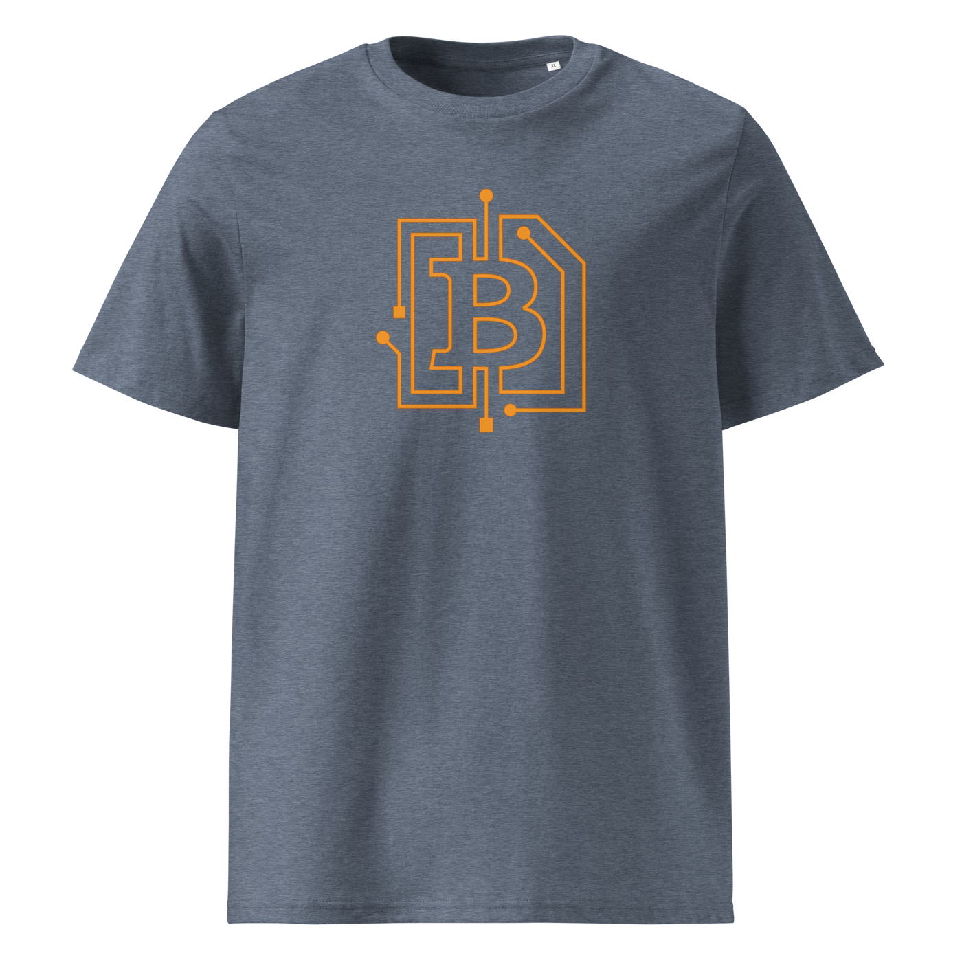 Circuit Board organic cotton bitcoin t-shirt in Dark Heather Blue, front view: an orange bitcoin B drawn as circuit board traces.
