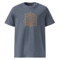 Circuit Board organic cotton bitcoin t-shirt in Dark Heather Blue, front view: an orange bitcoin B drawn as circuit board traces.