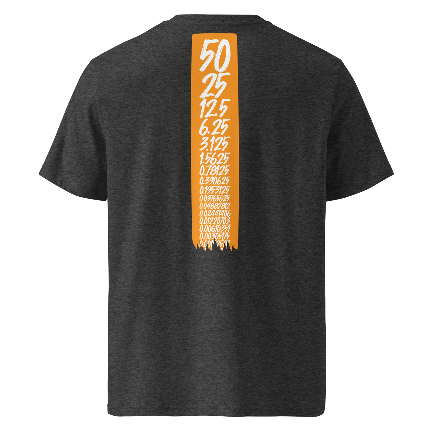Bitcoin Halving organic cotton bitcoin t-shirt in Dark Heather Grey, back view: an orange banner listing the halving block rewards from 50 down to 0.00190735.