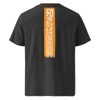 Bitcoin Halving organic cotton bitcoin t-shirt in Dark Heather Grey, back view: an orange banner listing the halving block rewards from 50 down to 0.00190735.