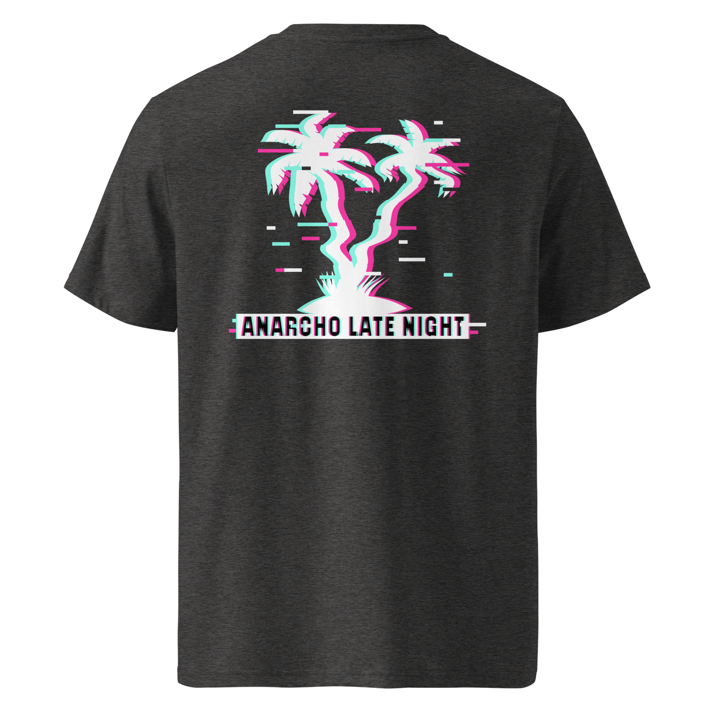 Betrüger anarcho late night organic cotton t-shirt in Dark Heather Grey, back view: neon glitch palm trees above a banner reading Anarcho Late Night.