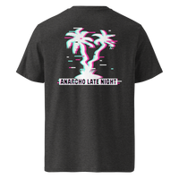 Betrüger anarcho late night organic cotton t-shirt in Dark Heather Grey, back view: neon glitch palm trees above a banner reading Anarcho Late Night.