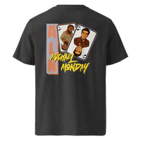 Michael Monday anarcho late night organic cotton t-shirt in Dark Heather Grey, back view: two playing cards with illustrated portraits next to Michael Monday in yellow brush lettering.