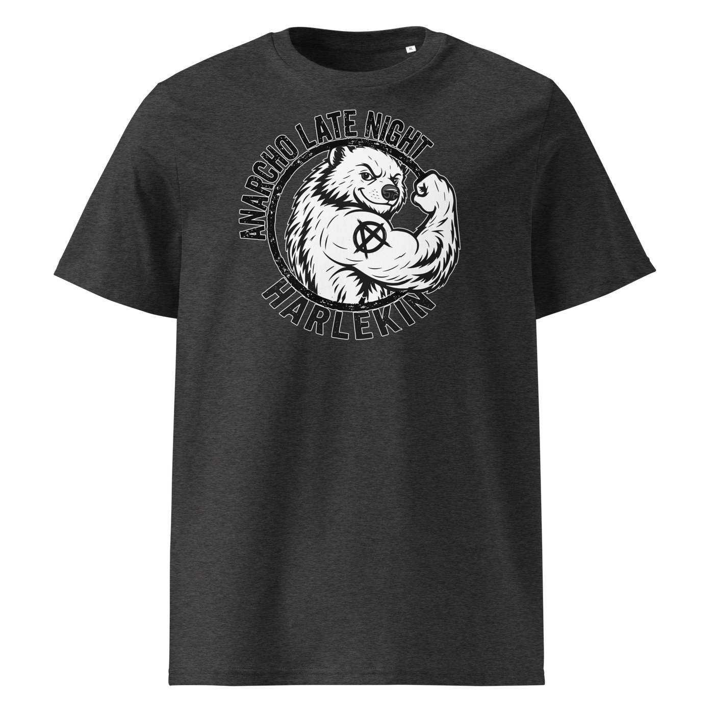 Anarcho Late Night organic cotton t-shirt in Dark Heather Grey, front view: a round black emblem of a flexing badger reading Anarcho Late Night Harlekin.