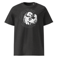 Anarcho Late Night organic cotton t-shirt in Dark Heather Grey, front view: a round black emblem of a flexing badger reading Anarcho Late Night Harlekin.