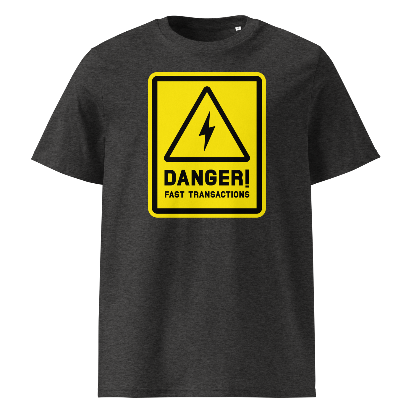 Lightning - Danger! Fast Transactions organic cotton bitcoin t-shirt in Dark Heather Grey, front view: a yellow warning sign with a lightning bolt reading Danger! Fast Transactions.